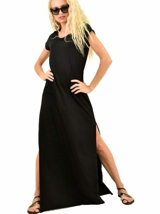 First Woman Summer Maxi Dress with Slit Black