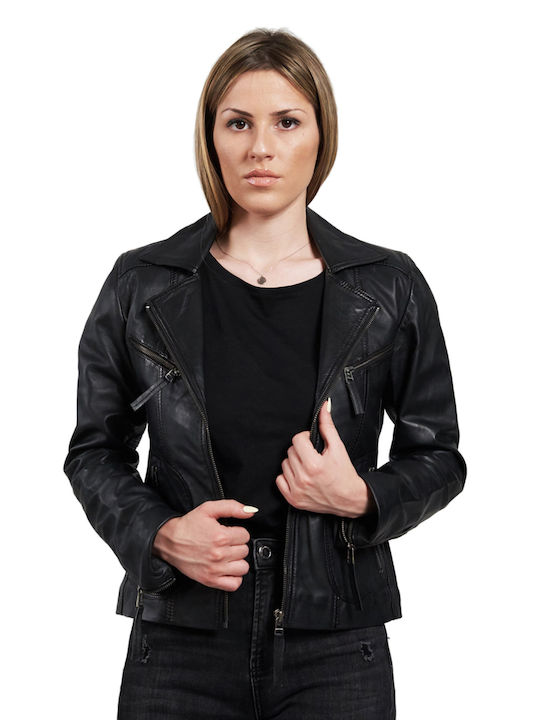 Leatherland Women's Short Biker Leather Jacket for Winter Black