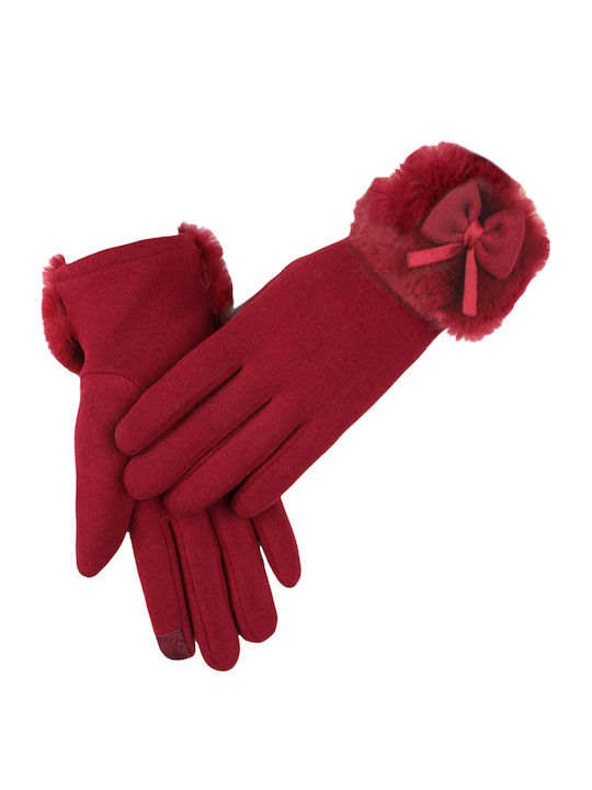 Μπορντό Γυναικεία Γάντια Αφής με Γούνα