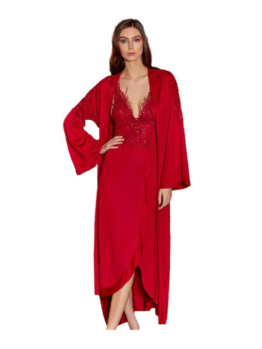 FMS Winter Damen Robe mit Nachthemd Rot