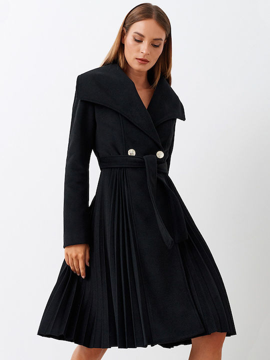 Rinascimento Γυναικείο Μαύρο Παλτό με Κουμπιά