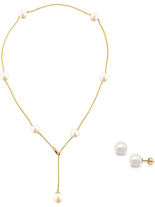 Margaritari Set with Necklace & Earrings from Gold 18K with Stones and Pearls