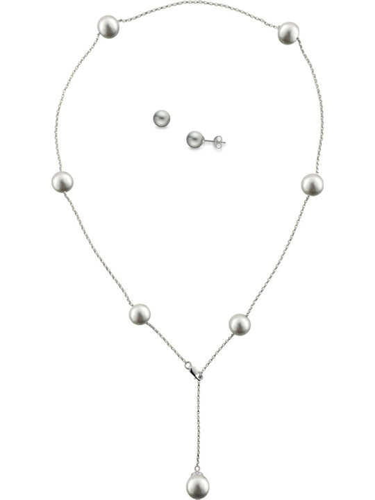 White Gold Set Necklace & Earrings with Stones and Pearls 18K