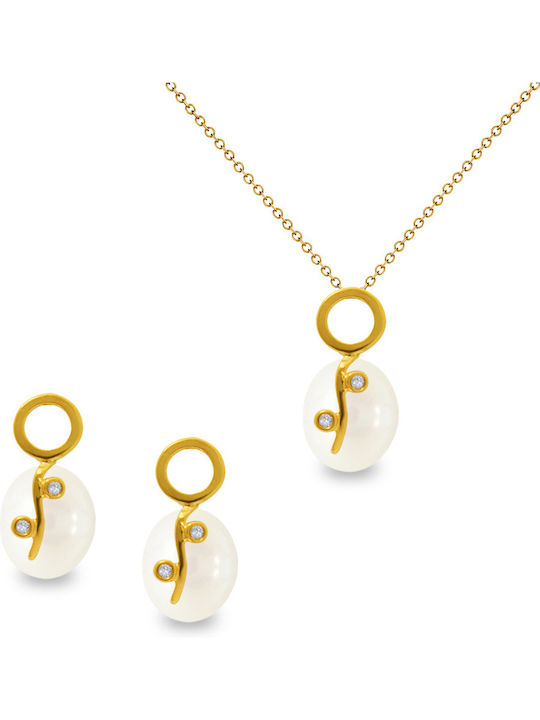 Margaritari Set with Earrings & Pendant from Gold 18K with Stones and Pearls
