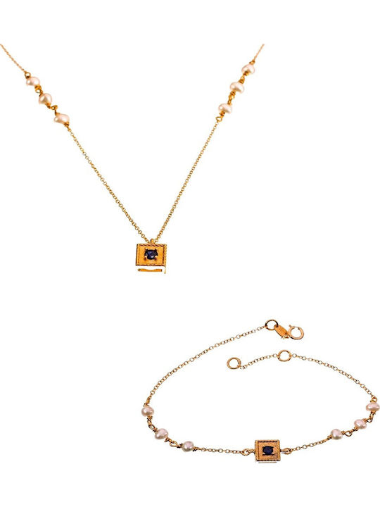 Gatsa Set with Necklace & Bracelet from Gold 14K with Stones and Pearls
