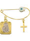 Child Safety Pin made of Gold and White Gold 9K with Cross and Icon of the Virgin Mary