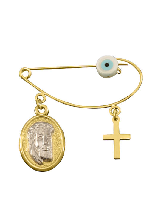 Child Safety Pin made of Gold and White Gold 9K with Cross