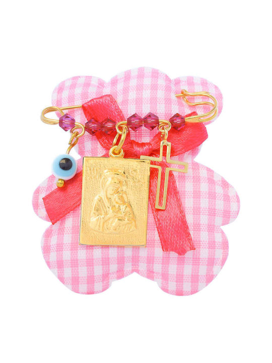 Child Safety Pin made of Gold Plated Silver with Cross and Icon of the Virgin Mary for Girl