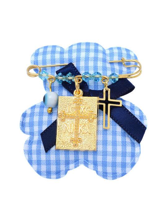 Child Safety Pin made of Gold Plated Silver with Cross and Constantinato for Boy