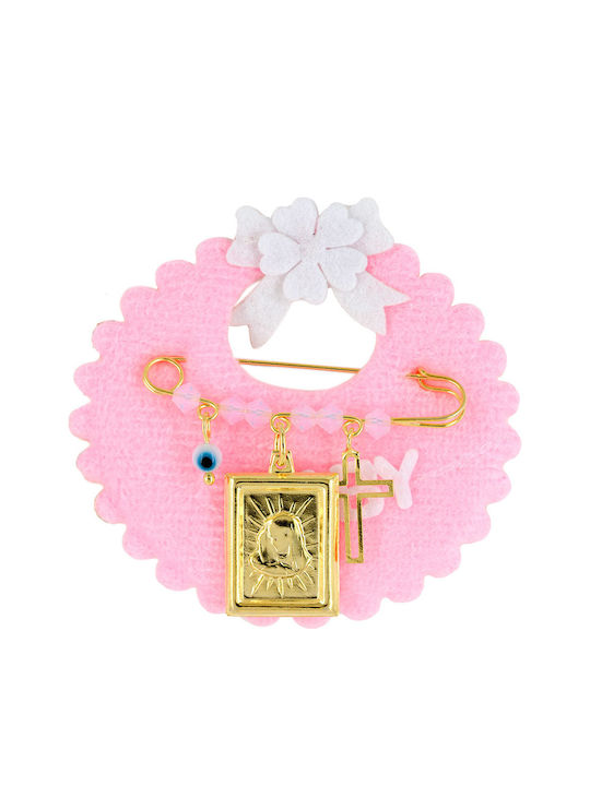 Tasoulis Jewellery Collection Child Safety Pin made of Gold Plated Silver with Cross and Icon of the Virgin Mary for Girl