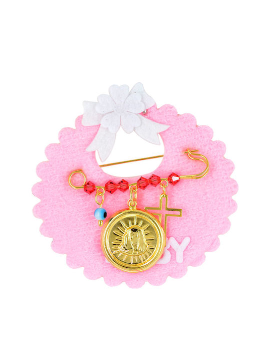Tasoulis Jewellery Collection Child Safety Pin made of Gold Plated Silver with Cross and Icon of the Virgin Mary for Girl