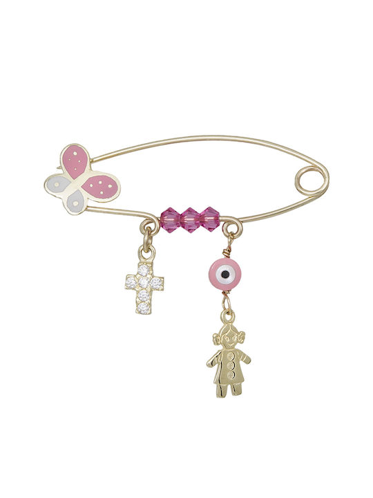 Child Safety Pin made of Gold 9K with Cross for Girl