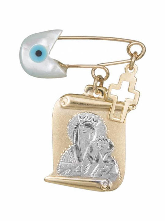 Child Safety Pin made of Gold and White Gold 14K with Cross and Icon of the Virgin Mary