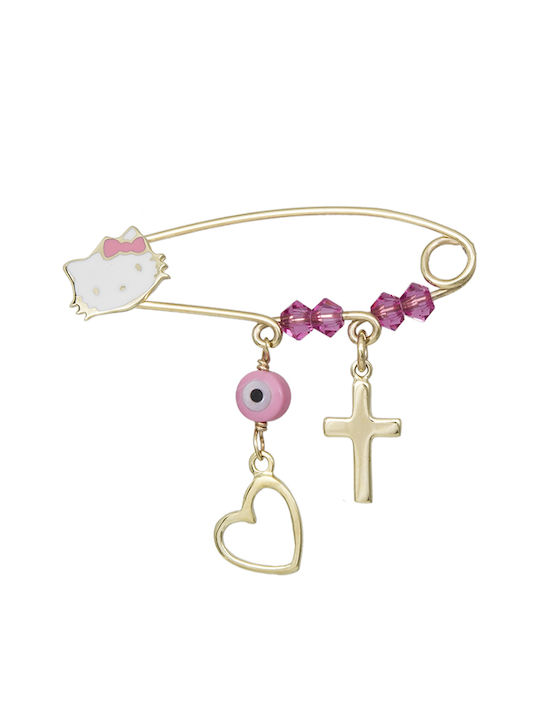 Child Safety Pin made of Gold 9K with Cross for Girl