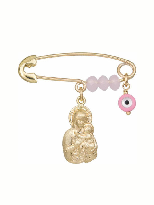 Child Safety Pin made of Gold 9K with Icon of the Virgin Mary for Girl