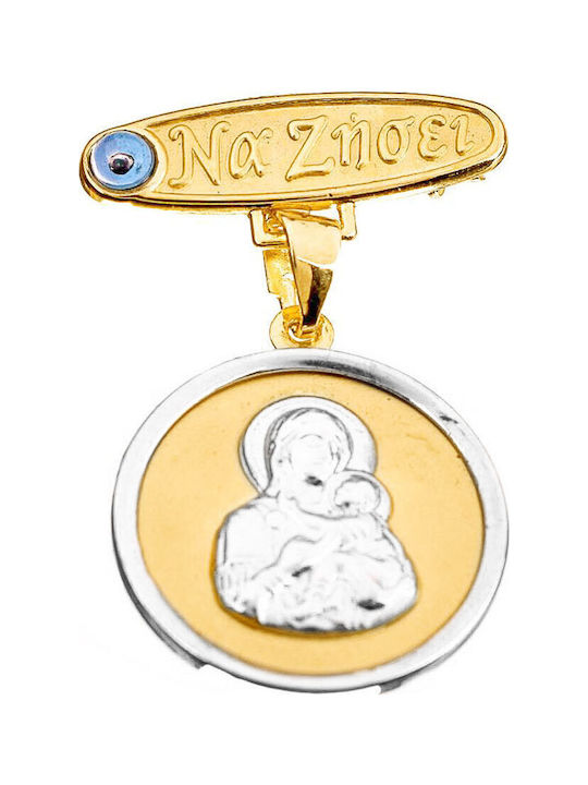 Gatsa Child Safety Pin made of Gold and White Gold 9K with Icon of the Virgin Mary