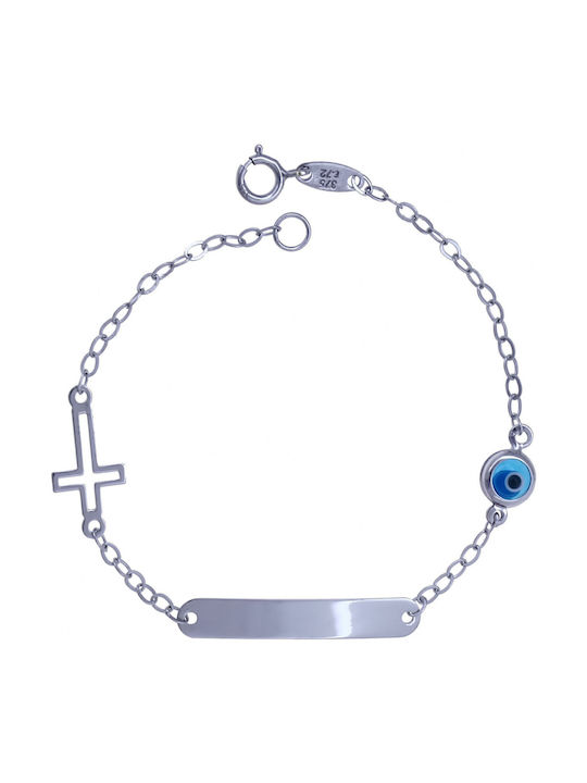 Kids White Gold ID Bracelet 9K with Evil Eye