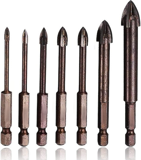 SKS Tools Σετ 7 Τετράκοπα Τρυπάνια Καρβιδίου με Εξάγωνο Στέλεχος για Γυαλί, Πλακίδια και Δομικά Υλικά