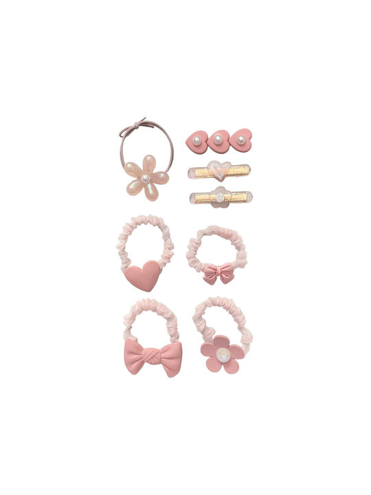 Set of Kids Hair Clips with Hair Clip / Rubber Band Flower in Pink Color 8pcs