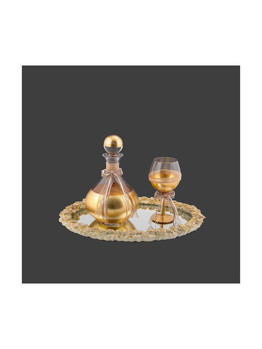Σετ Καράφα Γάμου με Ποτήρι Κρασιού από Γυαλί σε Χρυσό Χρώμα 2τμχ