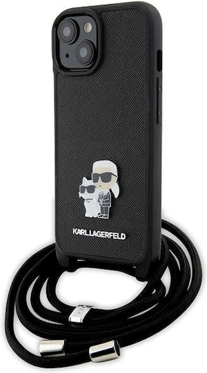 Karl Lagerfeld Metal Pin Karl & Choupette Umschlag Rückseite Kunststoff mit Band Schwarz (iPhone 15)