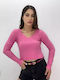 Damen Bluse Baumwolle Langärmelig mit V-Ausschnitt Rosa