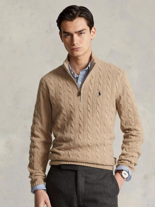 Ralph Lauren Herren Langarm-Pullover Ausschnitt mit Reißverschluss Braun