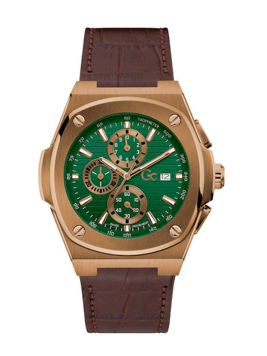 GC Watches Ανδρικό Ρολόι 44mm Χρονογράφος Μπαταρίας με Καφέ Δερμάτινο Λουράκι