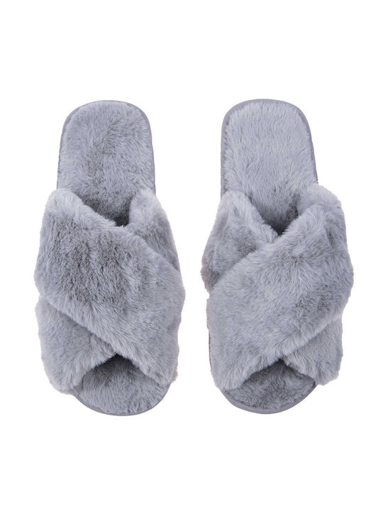 Amaryllis Slippers Χειμερινές Γυναικείες Παντόφλες με γούνα σε Γκρι Χρώμα