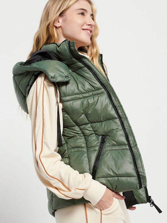 Women's Short Puffer Jacket for Winter with Hood Green