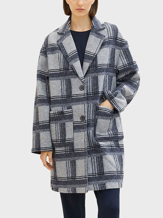 Women's Checked Gray Coat with Buttons