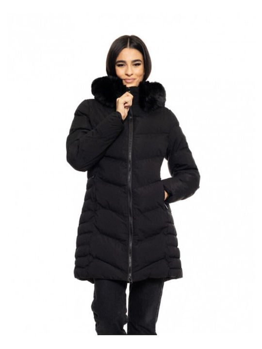 Women's Long Puffer Jacket for Winter with Hood Black