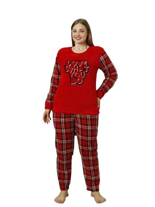 Lindros Winter Damen Pyjama-Set Baumwolle Rot