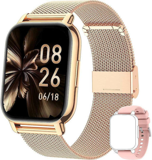 Popglory P66 Stainless Steel Smartwatch με Παλμογράφο (Rose Gold / Pink)
