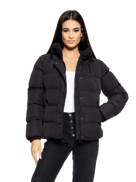 Women's Short Puffer Jacket for Winter with Hood Black