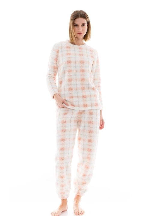 Pink Label Winter Damen Pyjama-Set Vlies Weiß