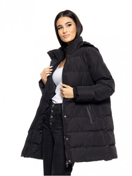 Biston Women's Long Puffer Jacket for Winter with Hood Black