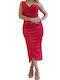 Fashion Vibes Midi Βραδινό Φόρεμα Βελούδινο Κόκκινο