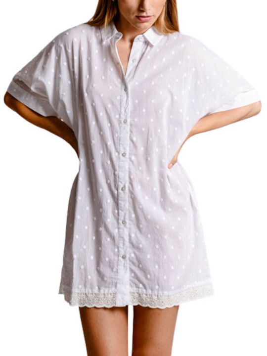 Molly Bracken Shirt Kurzärmelig Damen Hemd Weiß Polka Dot