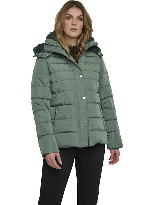 Women's Short Puffer Jacket for Winter with Detachable Hood Khaki