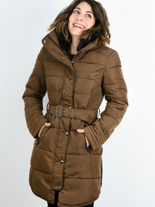 Rino&Pelle Lang Damen Puffer Jacke mit pelziger Kapuze für Winter Braun