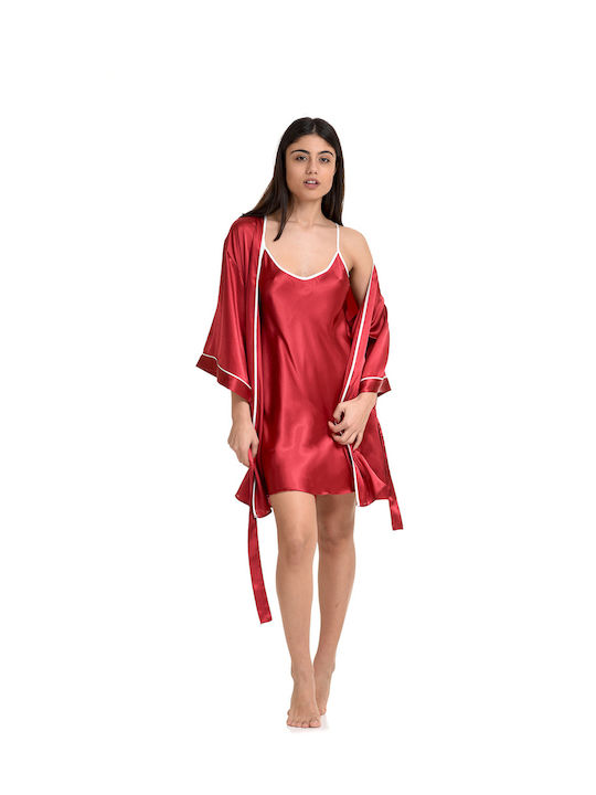 Vienetta Secret Sommer Damen Satin Robe mit Nachthemd Burgundisch Vienetta Vienetta