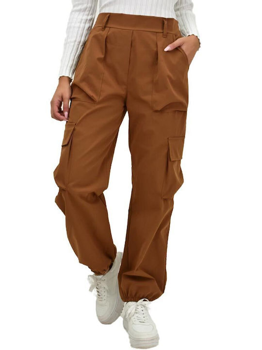 Potre Women's Fabric Cargo Trousers with Elastic Brown