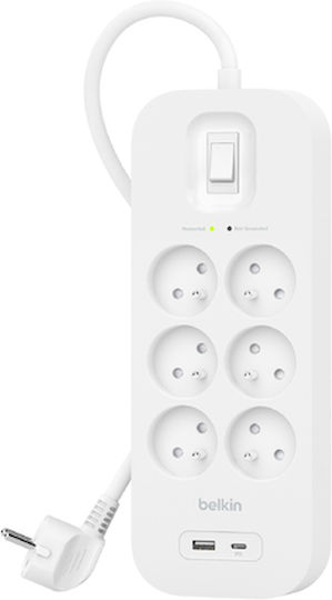 Belkin Πολύπριζο 6 Θέσεων με 1 USB-A, USB-C, Διακόπτη και Καλώδιο 2m