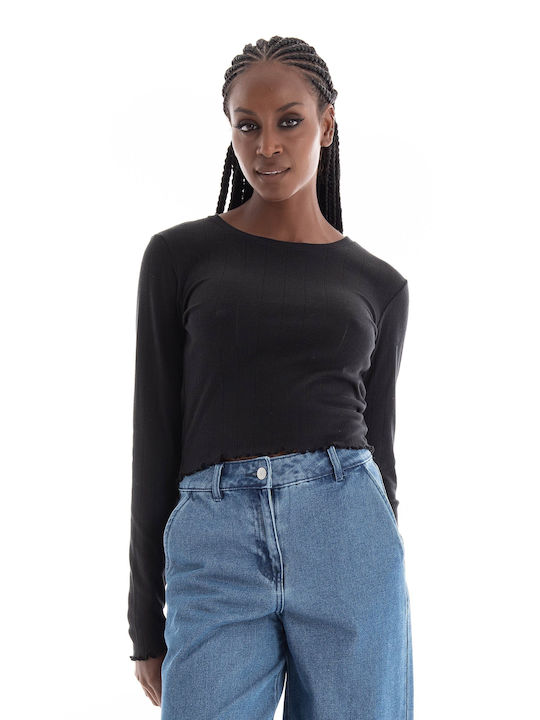 Only Damen Crop Top Baumwolle Langärmelig Schwarz