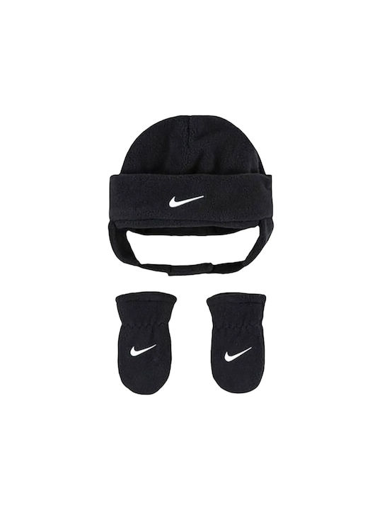 Nike Nan Swoosh Set Căciulă Copil cu Mănuși Fleece Negru pentru Nou-născut