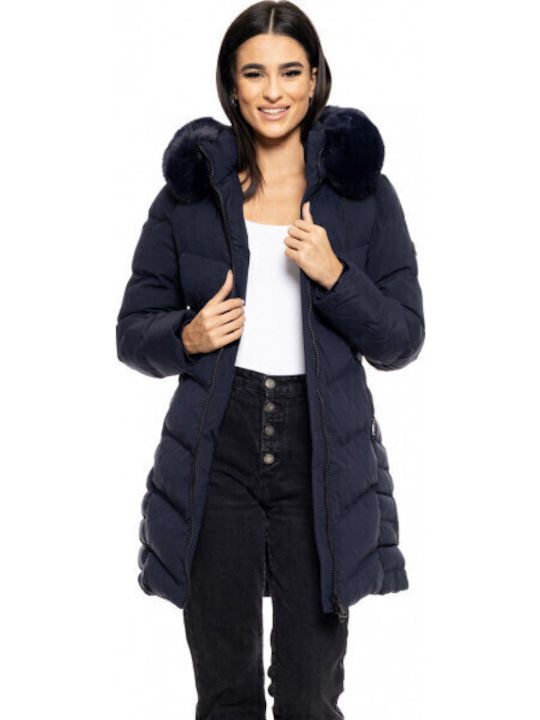Μακρύ Γυναικείο Puffer Μπουφάν για Χειμώνα Navy Μπλε