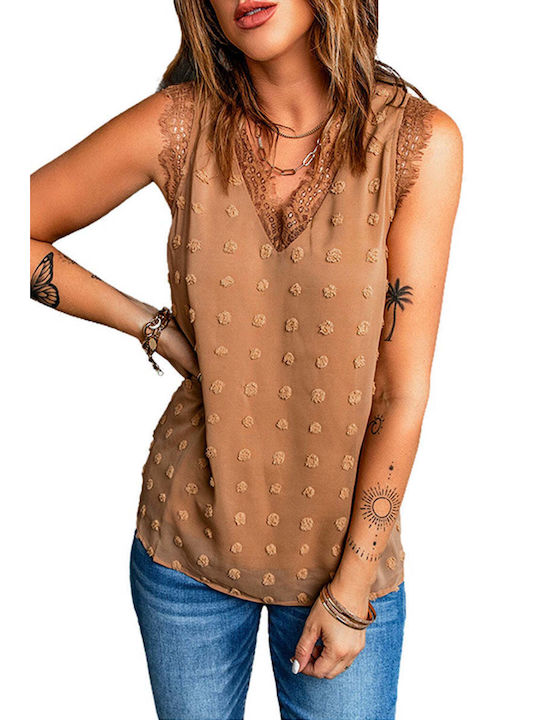 Amely Women's Blouse Sleeveless with V Neck Polka Dot Brown