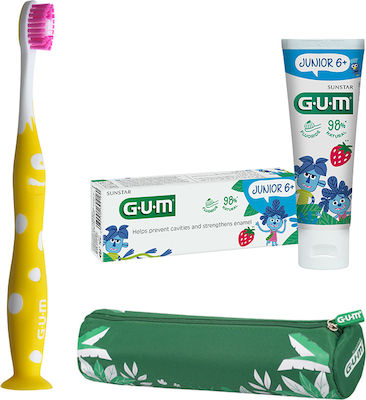 GUM Promo Junior Jungle Set Periuță de Dinți pentru Copii și Bebeluși cu Gust de Căpșuni pentru 6+ ani 50ml Galben