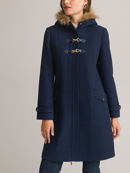 Damen Blau Kurzmantel mit Kapuze & Fellbesatz